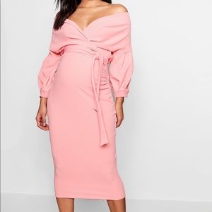 Maternity off the shoulder wrap midi dress
